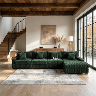 5 - Piece Upholstered Green Faux Rabbit Fur Flannel Modular Sectional Sofa with Throw Pillows & Removable Ottomans