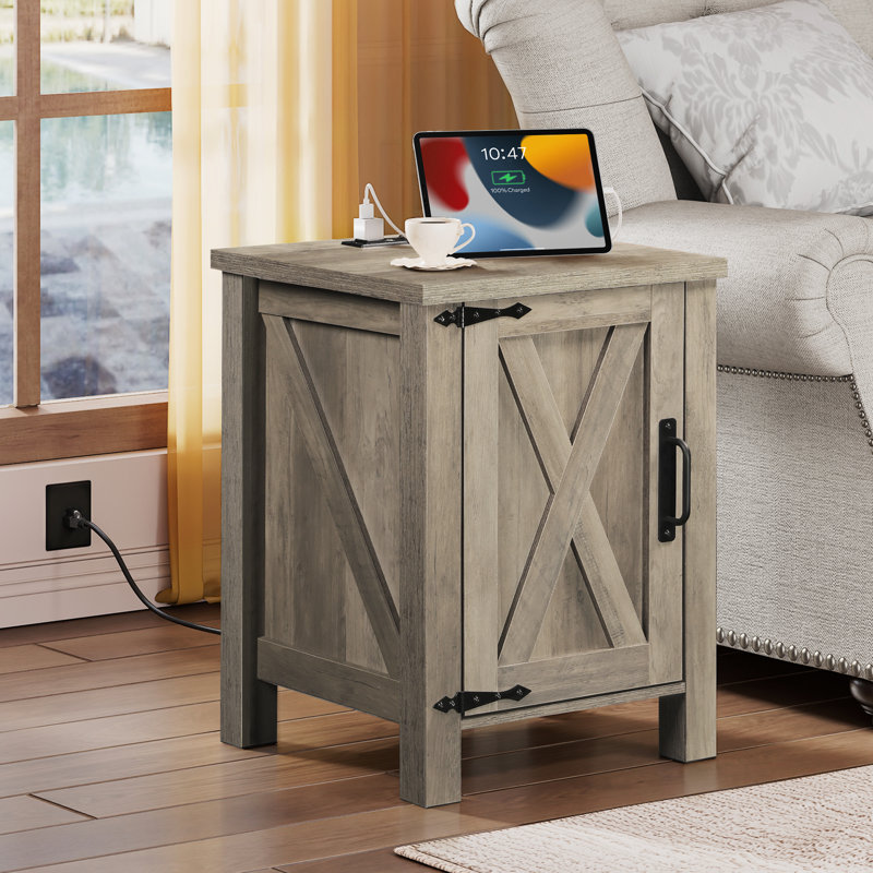 Adaija 18''W Wood Nightstand with Charging Station, USB Ports and AC Outlets, Vintage Night Stand with Barn Door and 3-Level Adjustable Shelve, Rustic End Table with Storage for Bedroom and Living Room