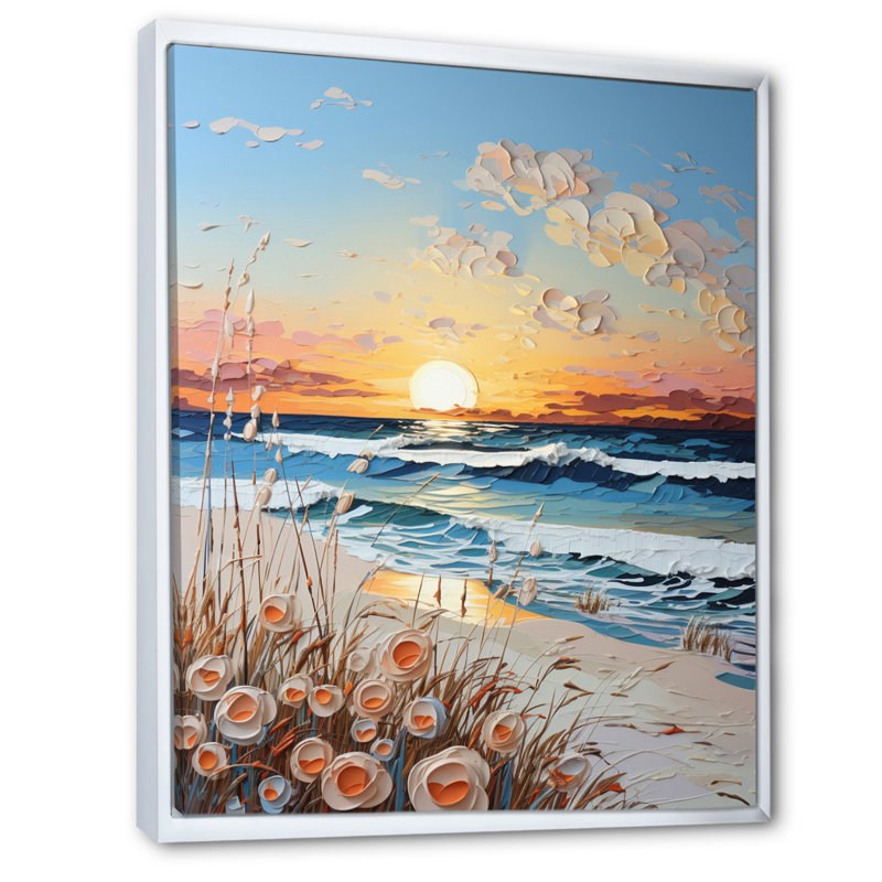 «Beach Sunkissed Sands Pointillism V», reproduction sur toile, H 20 po x l 12 po x P 1 po, Cadre flottant blanc