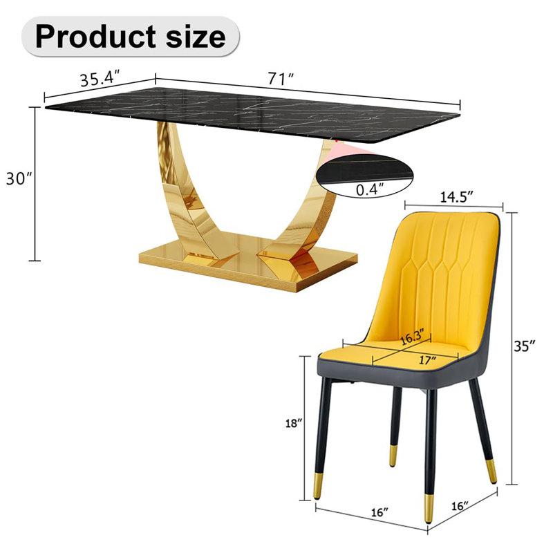 Ensemble de table de salle à manger noire pour 8 personnes, ensemble de table de salle à manger de 71 po avec pieds chromés en forme de U, table de cuisine moderne et chaises, ensemble de 8 chaises pour salle à manger, structure très brillante et robuste