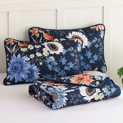 3 Pieces Sunflower Botanical Quilt Set Soft Lightweight Microfiber Floral Beding Set with Pillow Shams for All Season