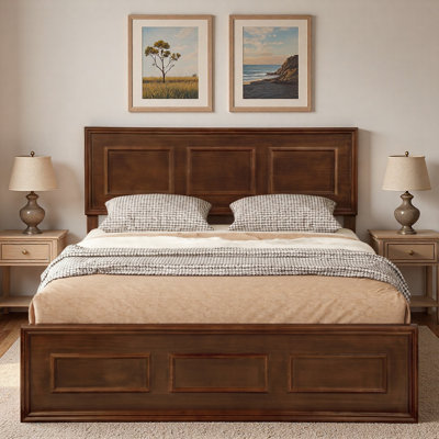 Wood Platform Bed with Adjustable Height Headboard and Geometric Panel Design