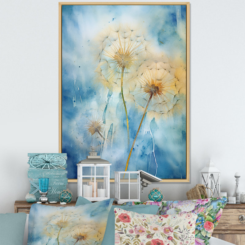 Rêves de pissenlit bleus sur toile, Cadre naturel flottant, H 32 po x l 16 po x P 1 po