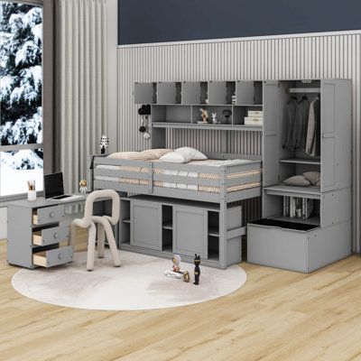 Jazhari Multifunctional Loft Bed with Stair, Desk, Cabinet and Wardrobe