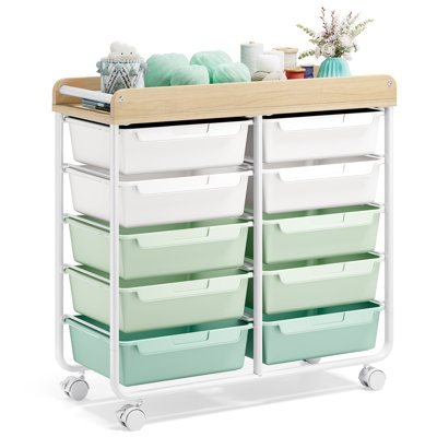 Metal Rolling Cart with Wheels，Rolling Storage Cart with 10 Large Drawers, Utility Cart with Wooden TableTop