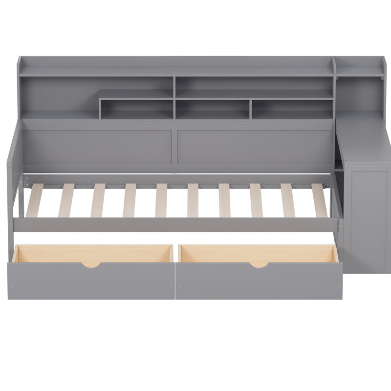 Twin Gray Wood Daybed With Side Storage Units, Two Drawers And A Study Desk For Productive Bedroom Living Wooden Multi - Storage Design, Functional Productivity Boost