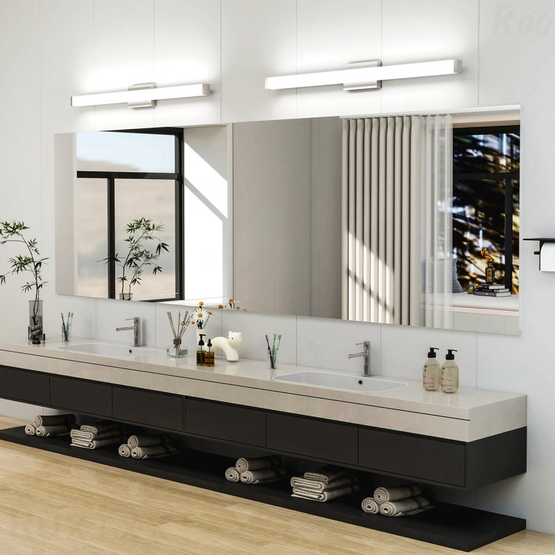 Éclairage mural pour meuble-lavabo 41 po - Nickel brossé à DEL carré, blanc froid 24 W 6 000 K, barre murale sur miroir