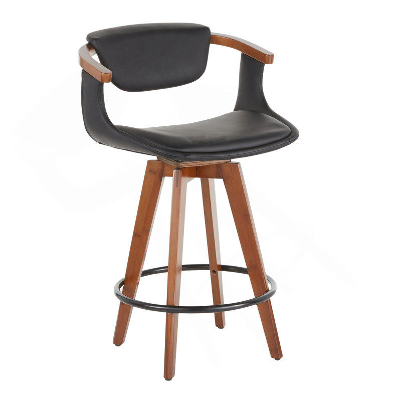 Tabouret de comptoir de style Mid-Century en bambou noyer et similicuir oracle par Lumisource, Noir