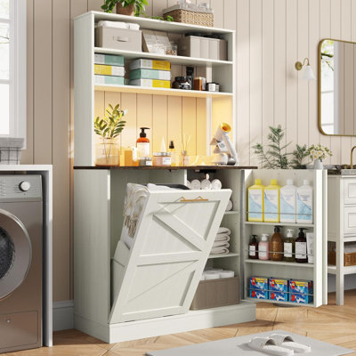 63" H Pantry Cabinets with 10 Gallon Trash Can,Led Light,Outlet