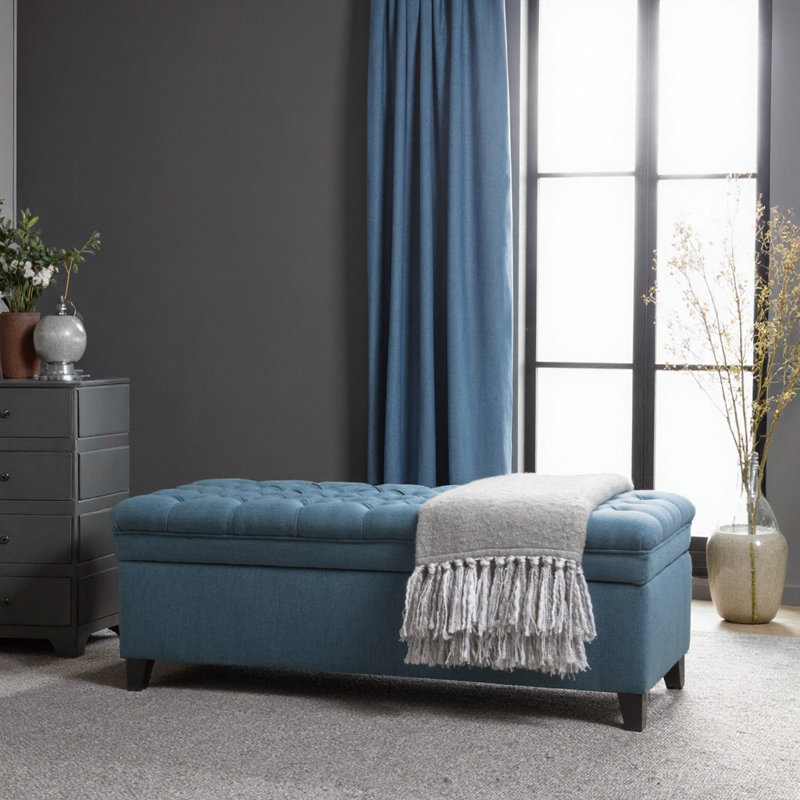Fabric Storage Ottoman in Light Blue with Birch Legs, 50" Seating & Hidden Storage, Blue
