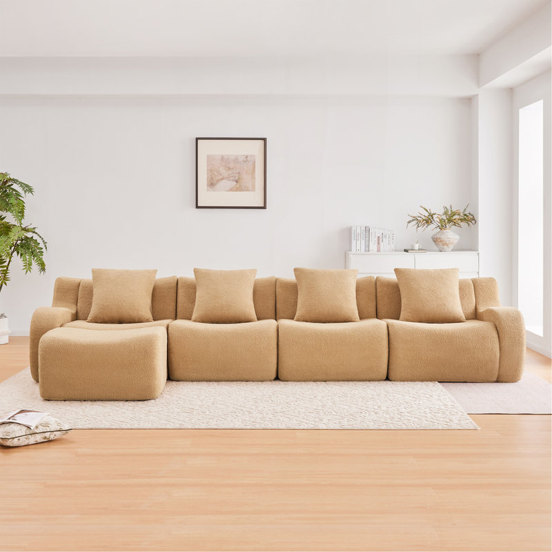 Canapé en L sans siège à 4 places, tissu en peluche sans assemblage requis, accoudoir incurvé, conception antidérapante, méridienne d'assemblage, aspirateur à compression haute densité 32D, Formes pour salons, Camei