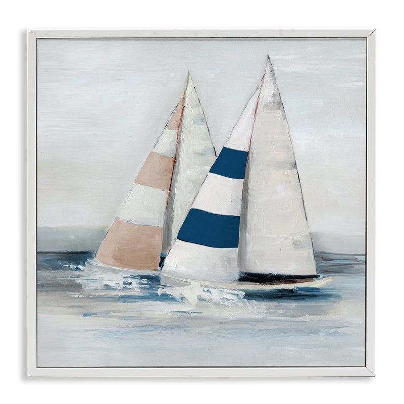 Voilier rayé duo encadré, design par Sally Swatland, H 12 po x l 12 po, Estampe numérique encadrée blanc bord de mer