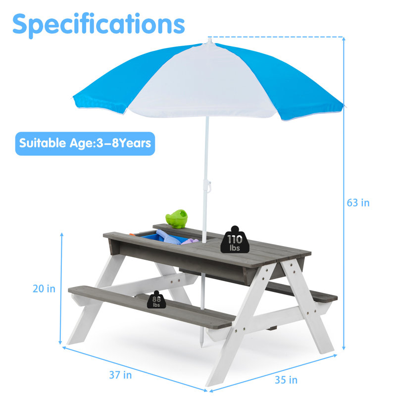 Table de pique-nique d'extérieur 31 po en bois avec parasol réglable - Protection solaire, Gris