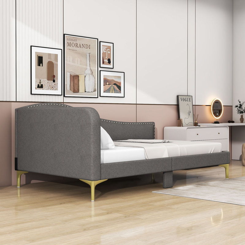 Ceryis Linen Upholstered Daybed with Armrest, Grey, Twin
