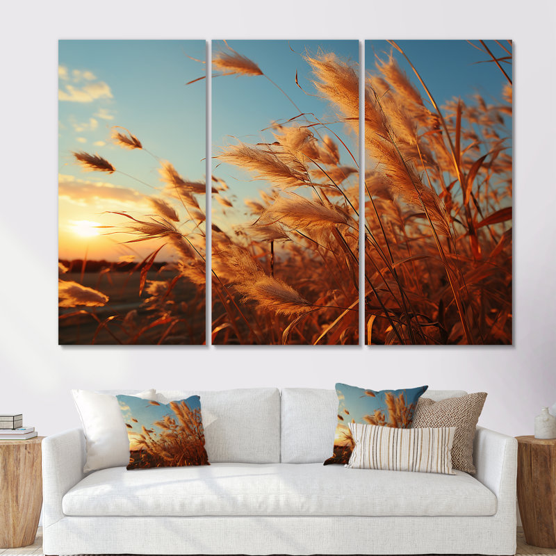 Golden Grass Field At Surise - ensemble d'art mural paysage, Toile tendue, H 40 po x l 60 po x P 1 po