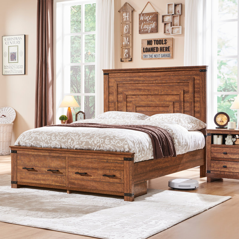 Dantwan Farmhouse Platform Bed Frame With 54"W Tall Geometric Headboard & Large Storage Space, Queen
