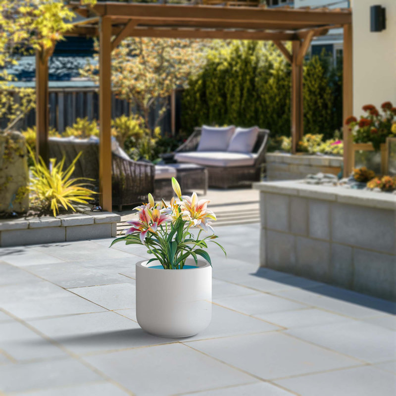 Large Concrete Round Planter / Pot With Drainage Holes, 12.6" H x 13.78" W x 13.78" D, Crisp White (Upgraded Interior)