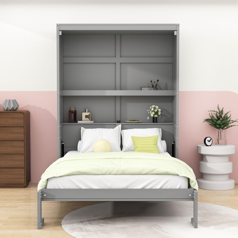 Lit escamotable double avec tablettes intégrées, mécanisme de levage à double piston, gris