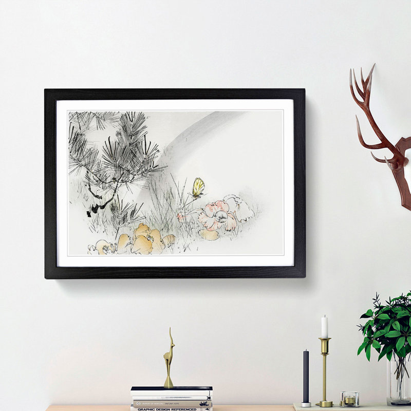 Butterfly & Pine Tree by Watanabe Seitei - Picture Frame Art Print, 62cm H x 87cm W x 2cm D, Black Framed