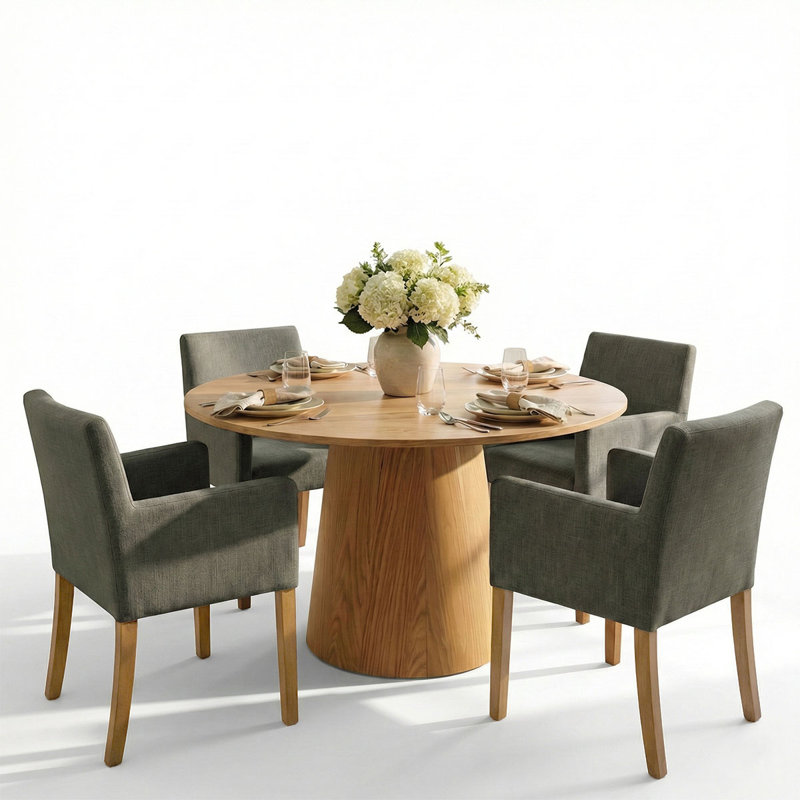 Sarosh 4 - Person Dining Table Sets With 52'' Round Table & 4 Upholstered Linen Armchairs, Dark Green