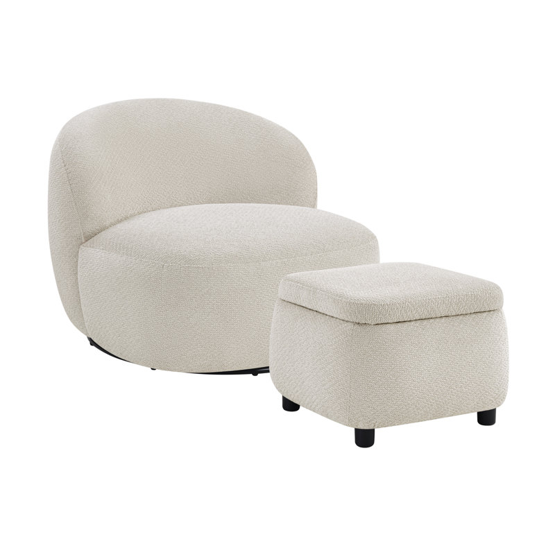 Modern Performance Fabric Upholstered Swivel Accent Chair and Storage Ottoman Set for Living Room, Ivory – Barbara by Pipp & Liv