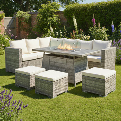 Acorn Rattan 9 Seat Corner Firepit Set with Creamy White Cushions