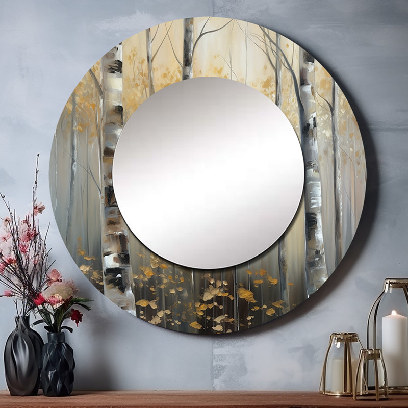 Radiyah Birch Tree Dense Forest IV - miroir mural décoratif, miroir rond gris, reproduction d'art en métal, 23 po x 23 po