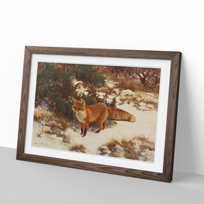 Fox in the Snow Vol.9 by Bruno Liljefors - Picture Frame Painting, Walnut Framed, 27cm H x 36cm W x 2cm D