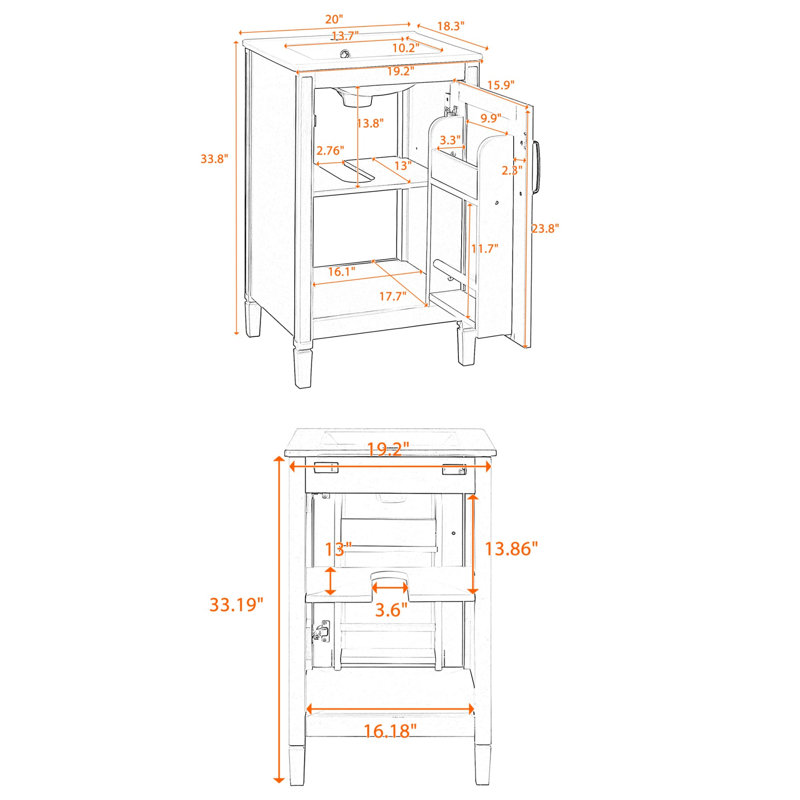 Meuble-lavabo moderne de 20 po | Lavabo en céramique, tablette en U réglable et support de porte, Gris