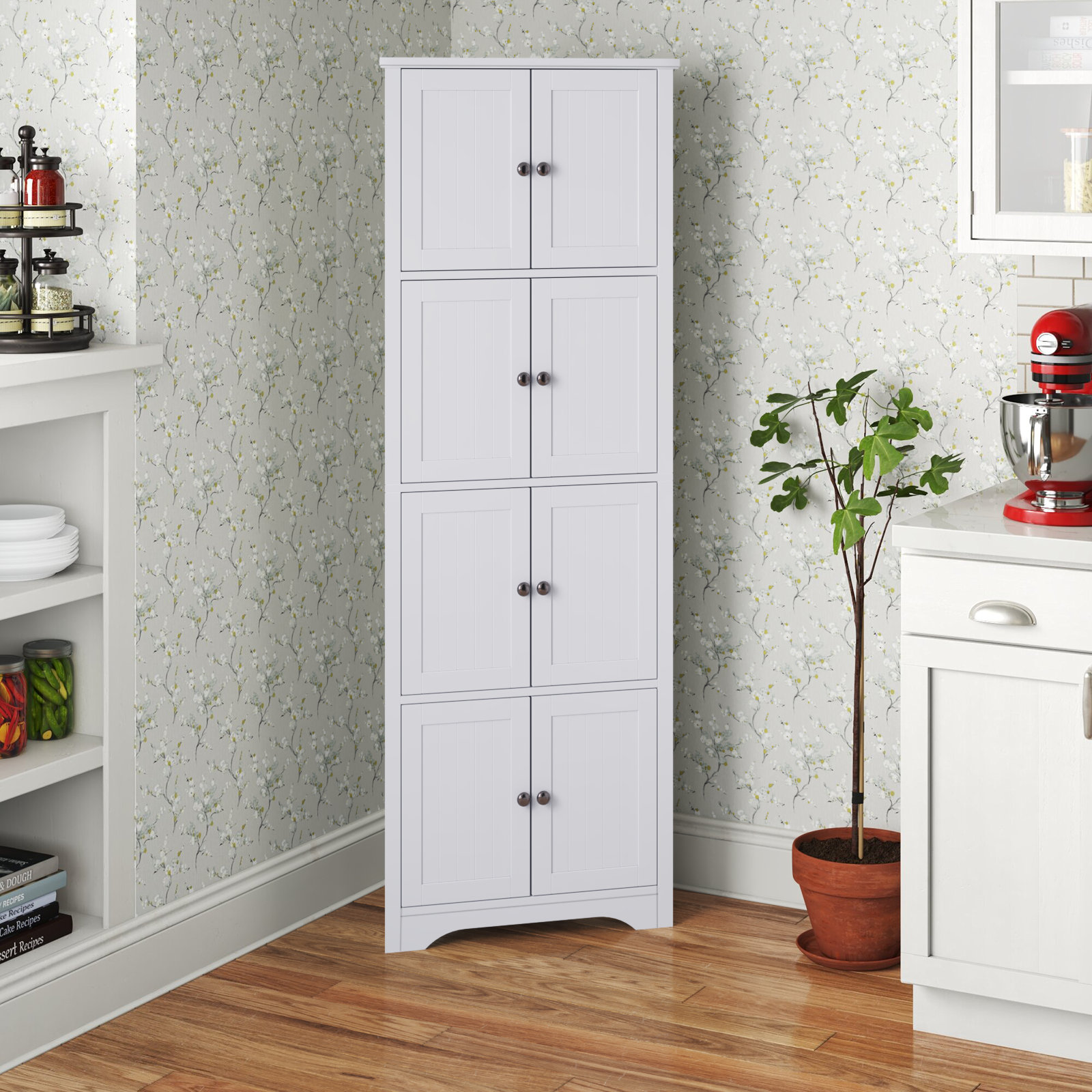 Bathroom Tall Corner Cabinet with Doors and Adjustable Shelves,Grey - Wood Finish