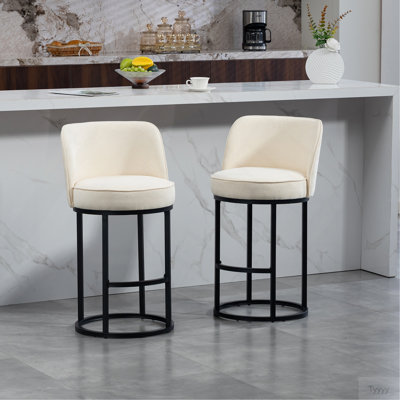 Counter Height Bar Stools Set Of 2, Modern Barrel Counter Stools With Backrest, Linen Fabric Upholstered Accent Bar Stools For Kitchen Island