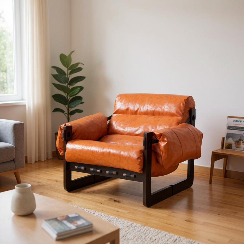 Chaise d'appoint moderne en similicuir avec assise profonde et structure de mortaise, brun, Rouille