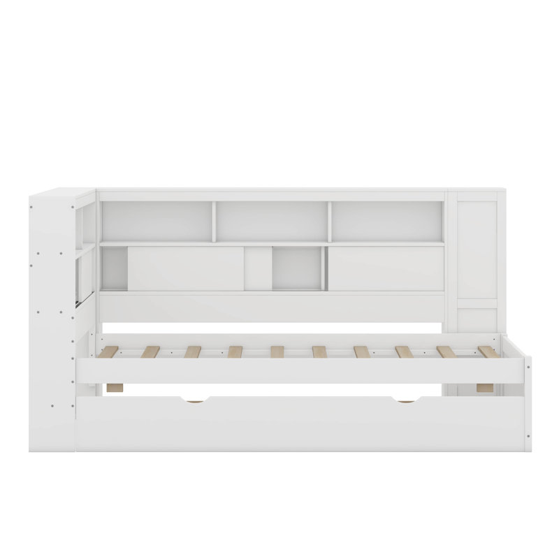 Lit de jour simple en bois avec tablettes de rangement, USB et lit gigogne, Blanc