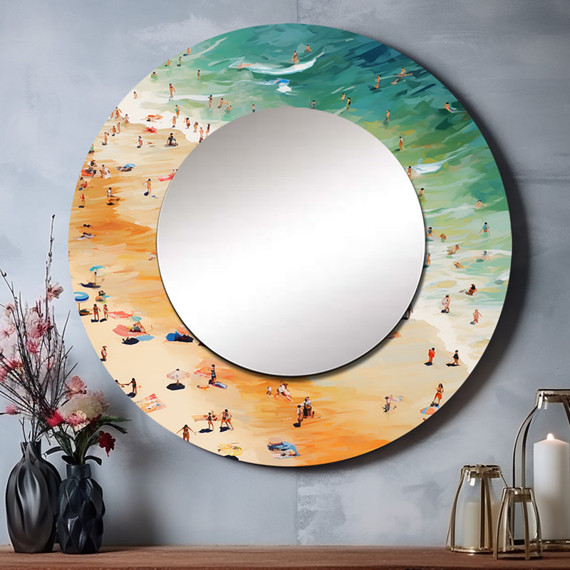 Sawvel Beach Umbrella Aerial View VI - Beach Sand Decorative Wall Mirror, Orange Large Round Mirror, Printed Metal Art