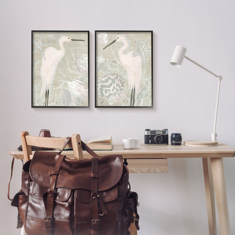 White Heron Nautical Seashells Rustic Starfish Wildlife, L 16 po x H 20 po, Giclée encadrée noir minuit