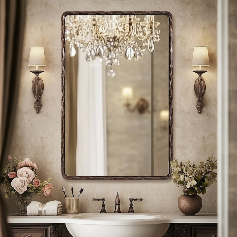 Miroir mural rectangulaire en fer forgé à la main Brunilde | Miroir de salle de bain rustique, Bronze forgé, 36 po x 24 po