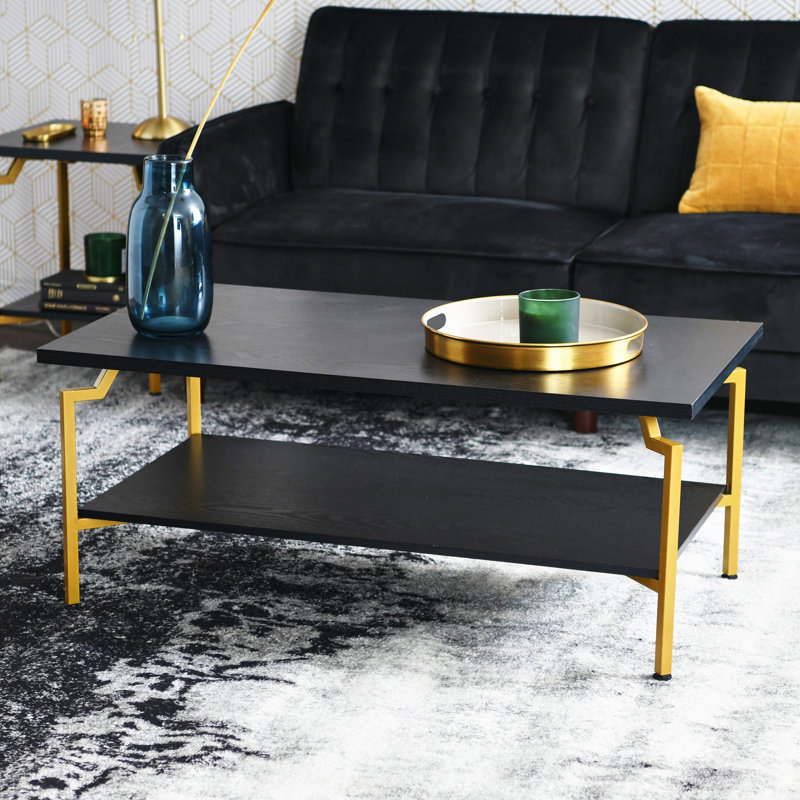 Table basse en chêne et fer, Plateau noir / structure noire