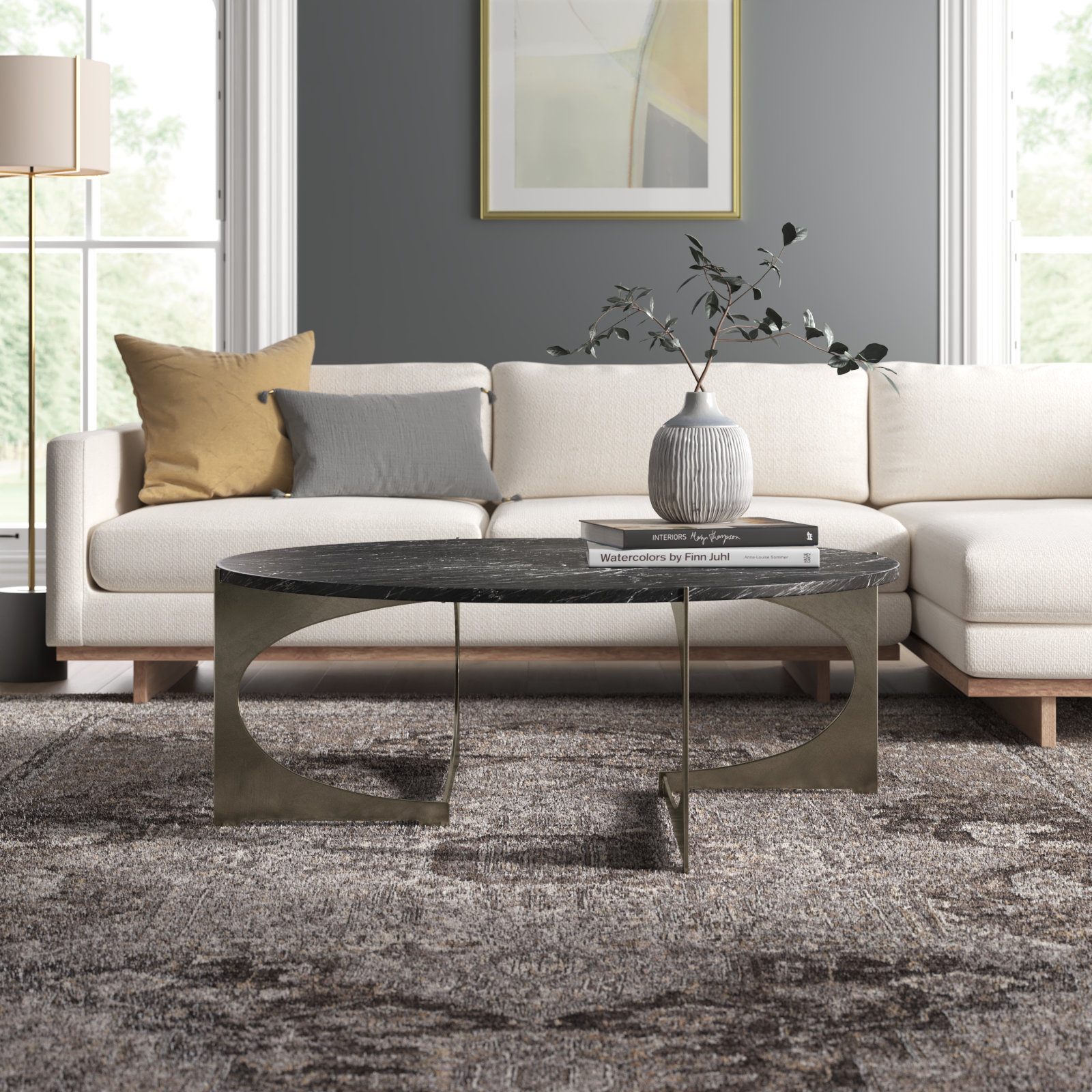 Giles Single Coffee Table, Black Top/Antique Nickel Base