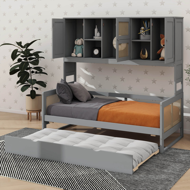 Lit de jour compact en bois, livré avec un lit gigogne et des unités de rangement modulaires, Gris, Lit simple