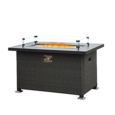 Table de foyer d'extérieur 43,3 pouces avec verre, 50 000 fosses sans fumée, structure en métal, revêtement toutes saisons, qualité contrôlée pour le patio, foyer au gaz, surface rouillée, gris foncé