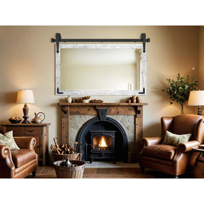 Miroir rustique moderne avec rail de porte de grange en acier et supports de coin décoratifs en métal
