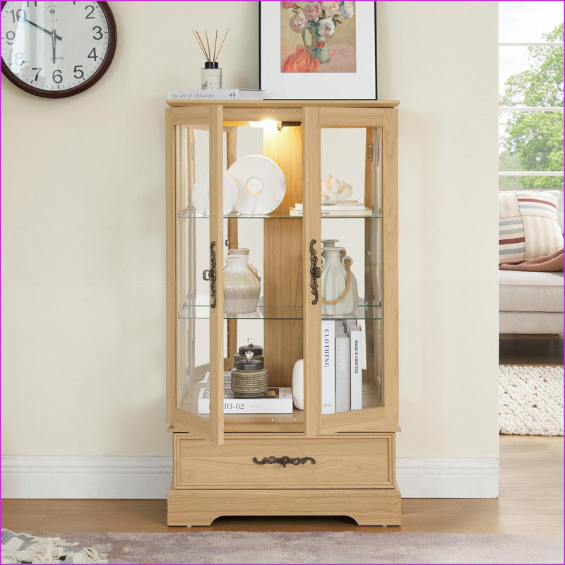Curio Display Cabinet | Lighted Vintage American Retro | 2 Glass Doors, 1 Drawer, Adjustable Shelves | Anti-Toppling | Oak