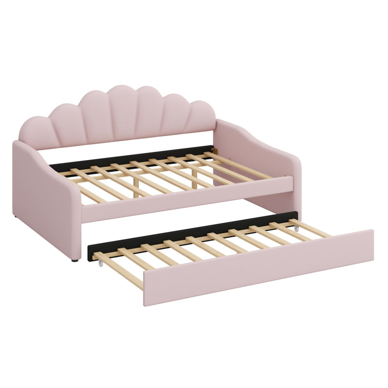 Full Size Upholstery Daybed Frame With Shall Shaped Backrest  And Trundle, Pink