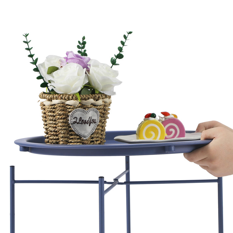 Ensemble de tables de bout Jarrion avec plateau à sac de rangement et pieds pliables en X, Bleu