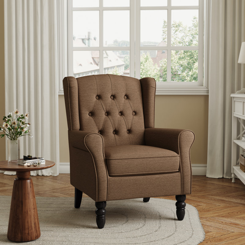 Duward Upholstered Brown Button Tufted Wingback Accent Chair with Rolled Arm and Thick Padded Cushion, Brown Polyester Blend
