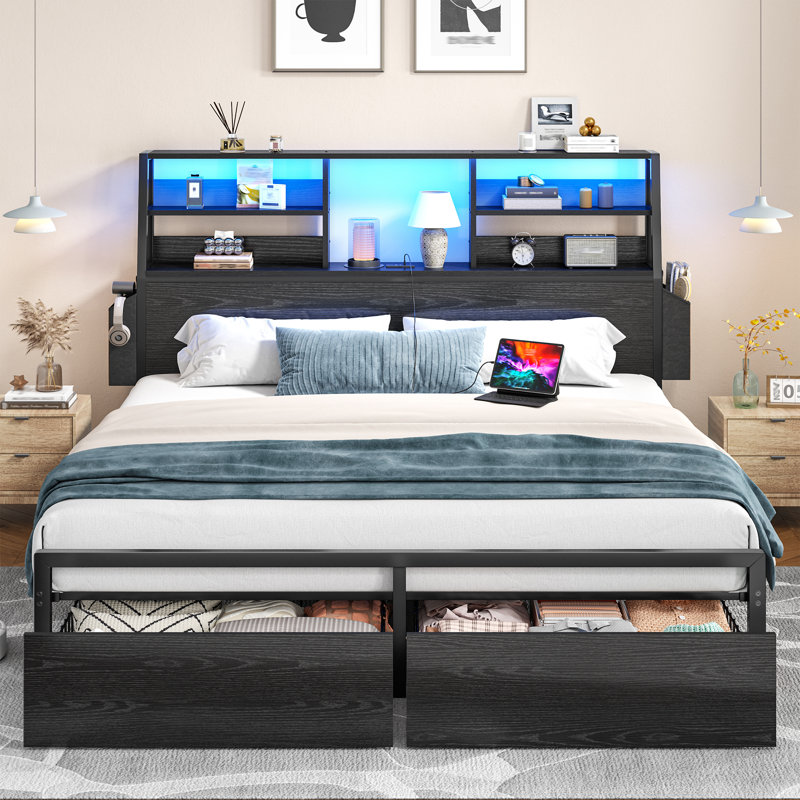 3-Tier Headboard Shelves Bed with RGB LED Headboard and Noise-Free Design - Full, Queen, King Sizes, balck, F