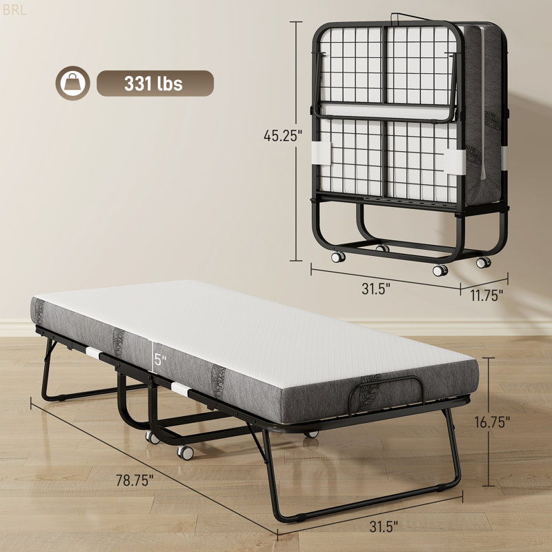 Lit pliant avec matelas pour adultes, taille unique, lit pliable portatif avec matelas en mousse à mémoire de forme et structure en acier