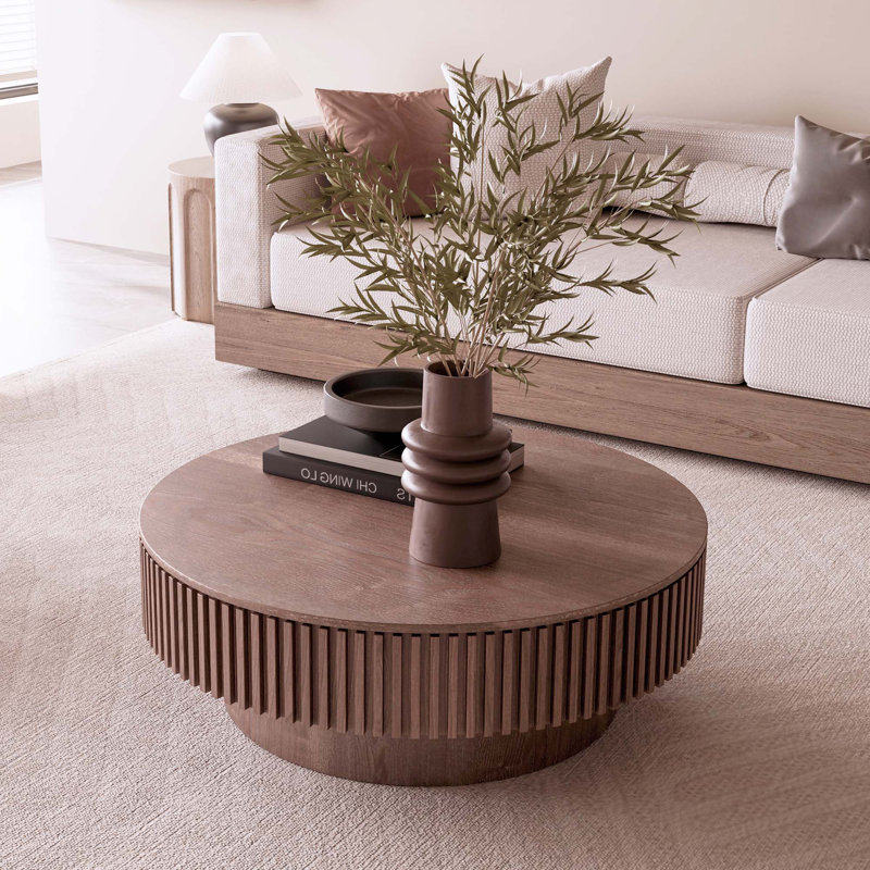 Round Coffee Table With Storage Solid Wood Veneered Modern Coffee Table Accent Tea Table, Walnut