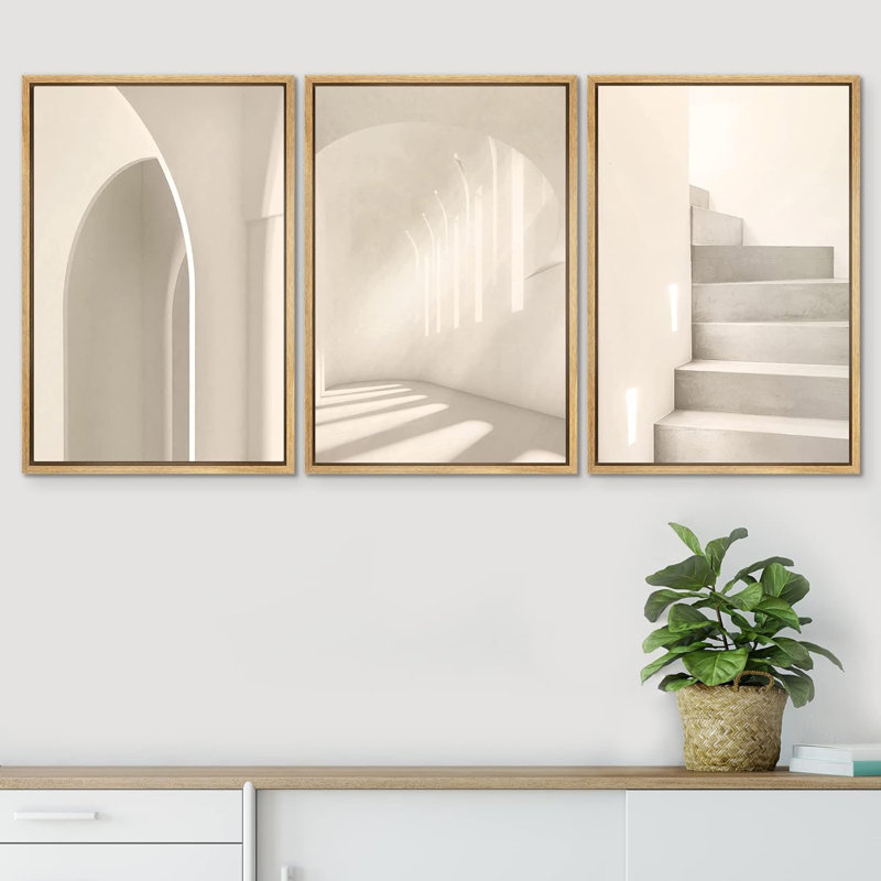 "Architecture Building", impression géométrique bicolore encadrée sur toile, 3 pièces, H 24 po x l 48 po x P 1,5 po, Naturel