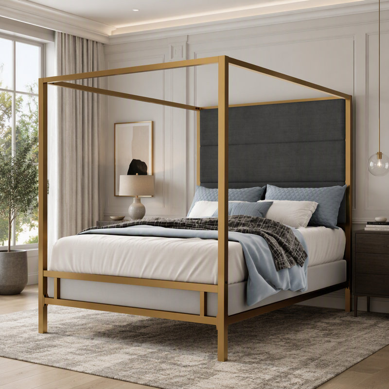 Tête de lit tapissier moderne à 4 panneaux Rinaldi Modern, Très grand lit, Or et gris foncé
